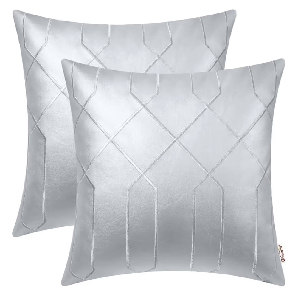 BRAWARM Faux Leather Pillow Covers 22 X 22 Inches, Silver Leather Pillow Covers